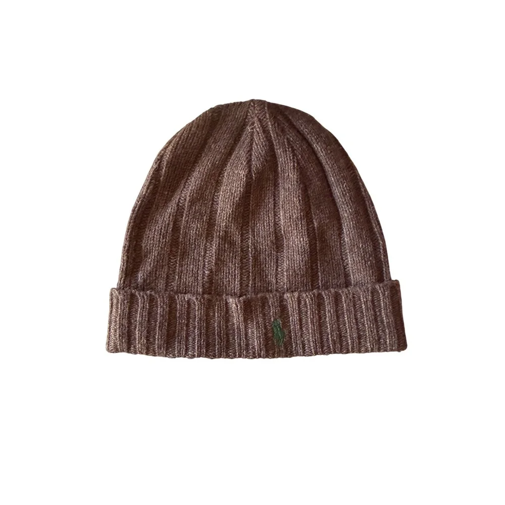 Vintage Polo Ralph Lauren Brown Lambswool Ribbed Knit Beanie Hat Green Pony Logo